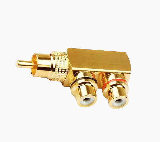 Adaptador Divisor RCA 90°, Macho para 2 Fêmea (Dourado)